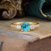 Round Cut Turquoise Engagement Ring Three Stone Promise Ring Four Claw Prong Setting